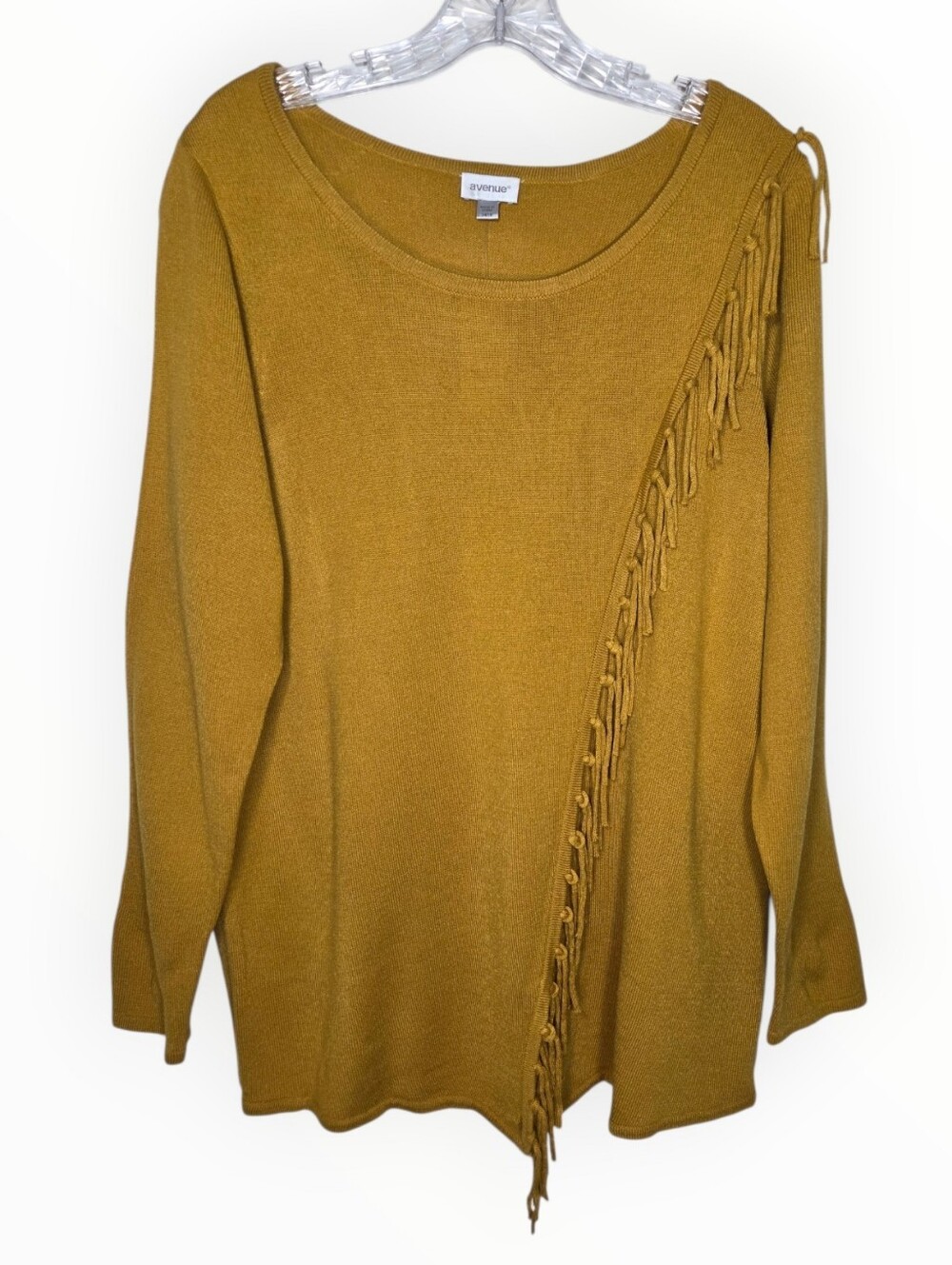 Avenue Mustard Fringe Scoop-Neck Knit Sweater